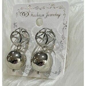 Chunky Silver Tone Dangle Ball & Faux Faceted Crystal Enclosed Gage Earrings